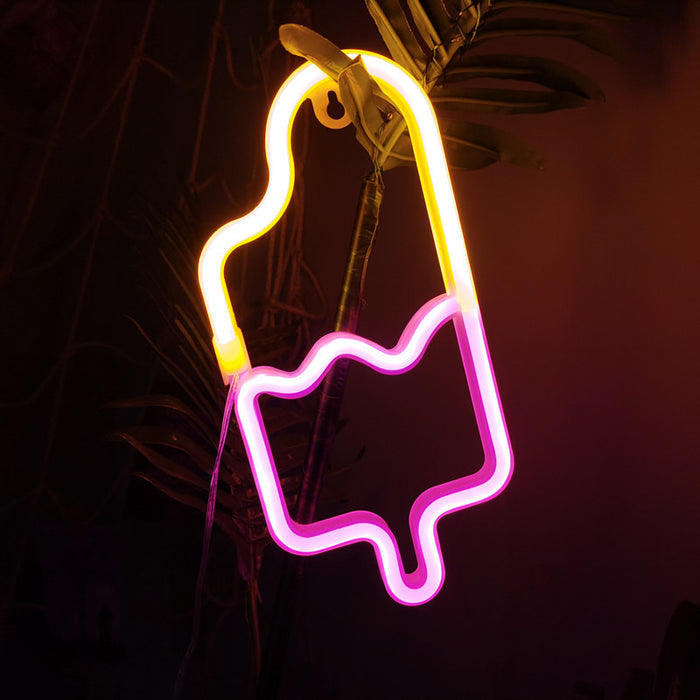 Popsicle Neon LED Light: yellow, pink popsicle/ice cream bar, cartoon style