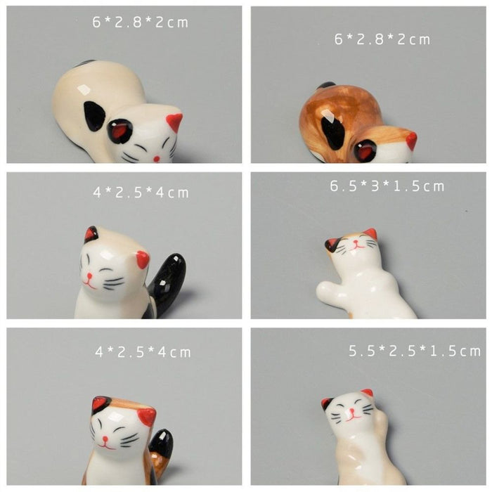 Porcelain Feline Chopstick Rests, Set of Holders: white, black cats, cute cartoon style