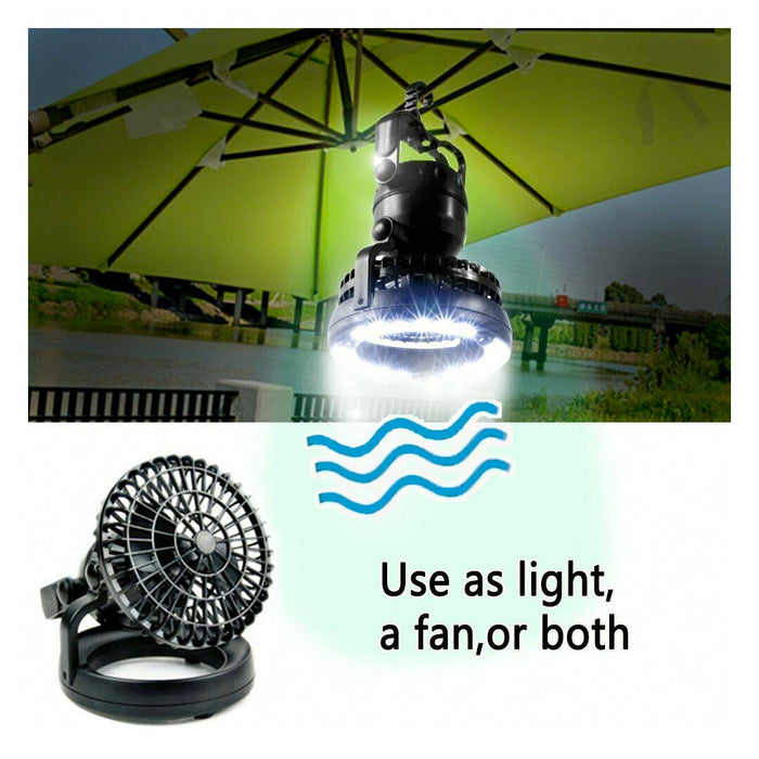 Portable Fan and Light for Camping: black, white portable hanging fan with LED light, functional compact outdoor gadget style