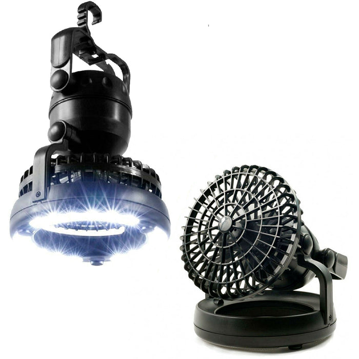 Portable Fan and Light for Camping: black, white portable hanging fan with LED light, functional compact outdoor gadget style