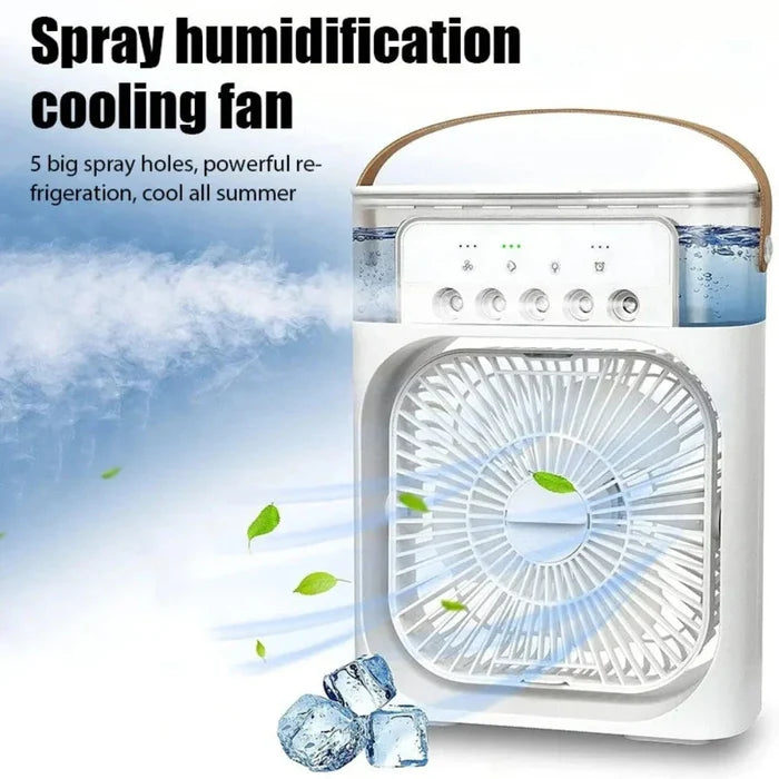 Portable Fan for Cooling Your Desktop Space: white, light gray portable spray humidification cooling fan, minimal modern appl