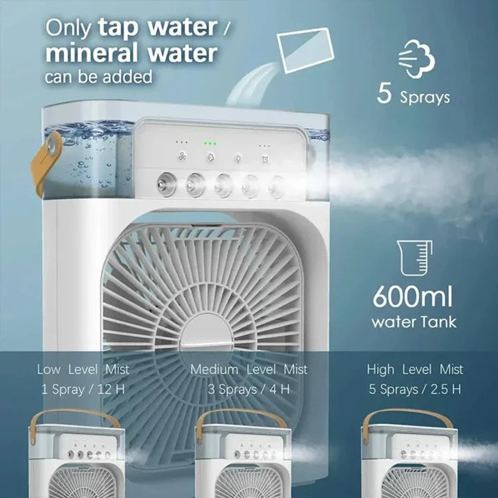 Portable Fan for Cooling Your Desktop Space: white, light gray portable spray humidification cooling fan, minimal modern appl