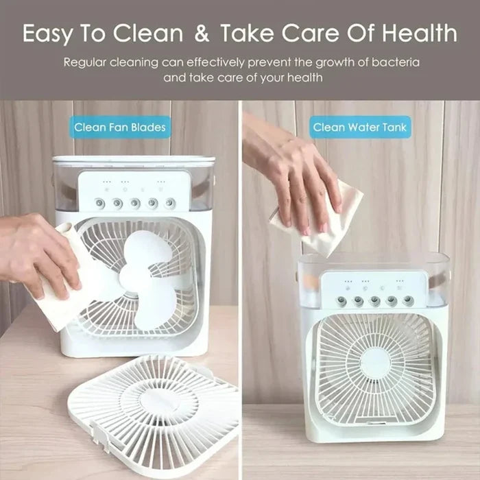 Portable Fan for Cooling Your Desktop Space: white, light gray portable spray humidification cooling fan, minimal modern appl