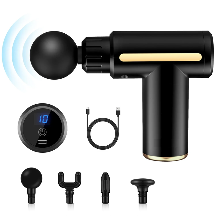 Portable Handheld Muscle Stimulator: black, gold handheld percussion massage gun with attachments and charging cable, minimal