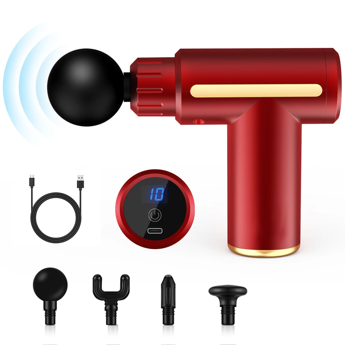 Portable Handheld Muscle Stimulator: black, gold handheld percussion massage gun with attachments and charging cable, minimal