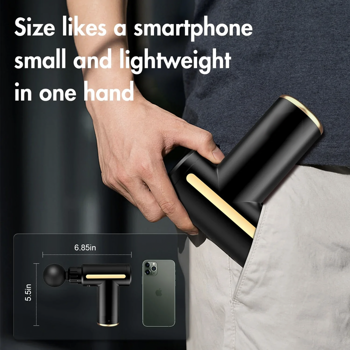 Portable Handheld Muscle Stimulator: black, gold handheld percussion massage gun with attachments and charging cable, minimal