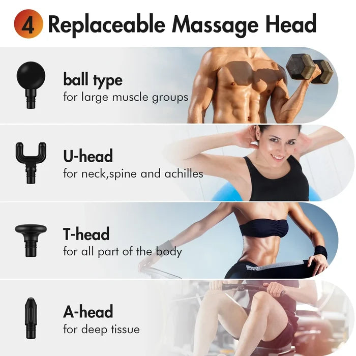 Portable Handheld Muscle Stimulator: black, gold handheld percussion massage gun with attachments and charging cable, minimal