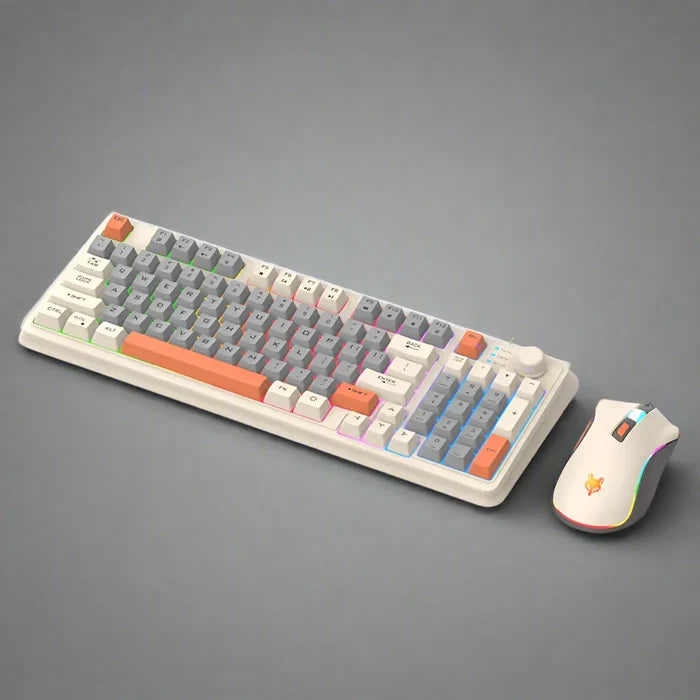 Portable Keyboard and Mouse Set with 94 Keys from "": off-white, light gray computer keyboard and mouse set, minimal colorful