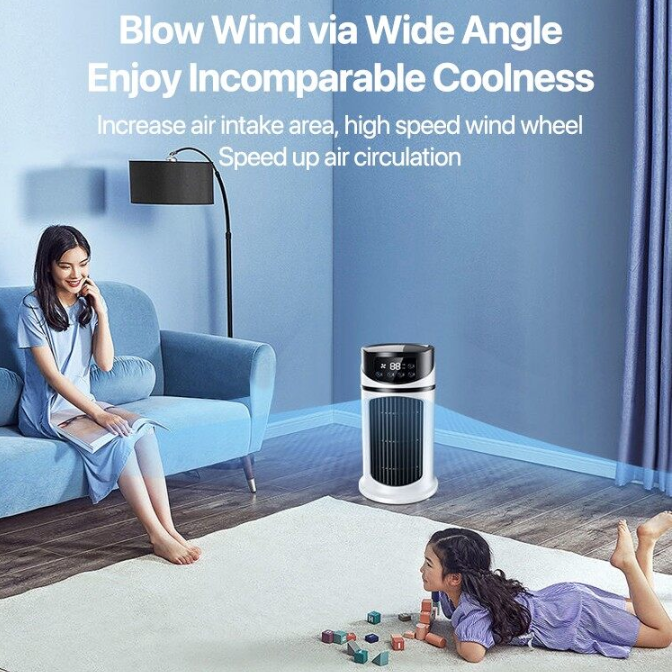 Portable Mini Air Cooler, Compact and Refreshing: white, black portable tower fan or air circulator, minimal modern style