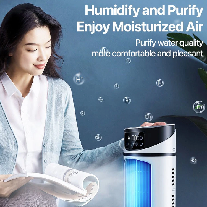 Portable Mini Air Cooler, Compact and Refreshing: white, black portable tower fan or air circulator, minimal modern style
