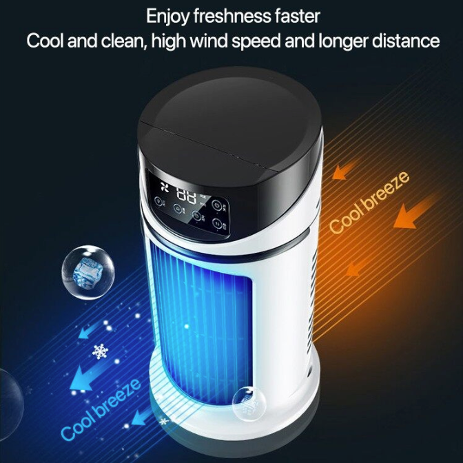 Portable Mini Air Cooler, Compact and Refreshing: white, black portable tower fan or air circulator, minimal modern style