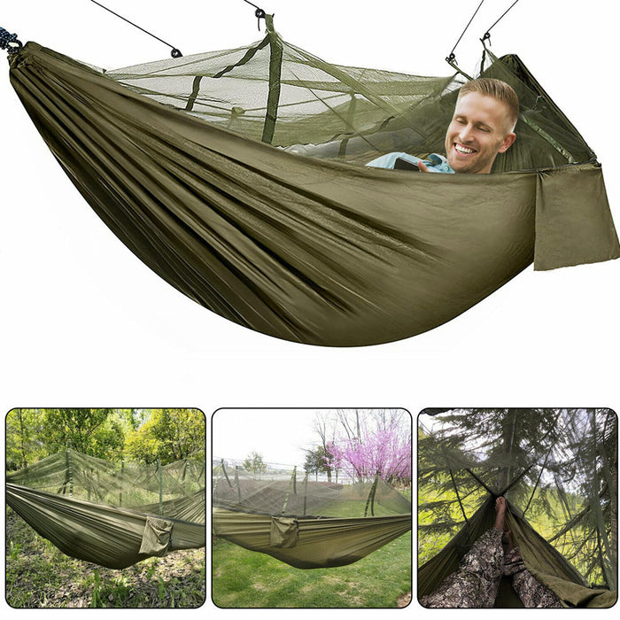 Portable Mosquito Net Hammocks for Outdoor Camping: olive green, black anti-mosquito hammock set, minimal outdoor camping gea