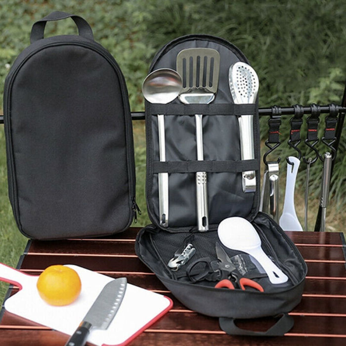 Portable Outdoor BBQ, Camping, and Hiking Multi-Functional Set for Various Uses: black, silver portable grill utensil set wit