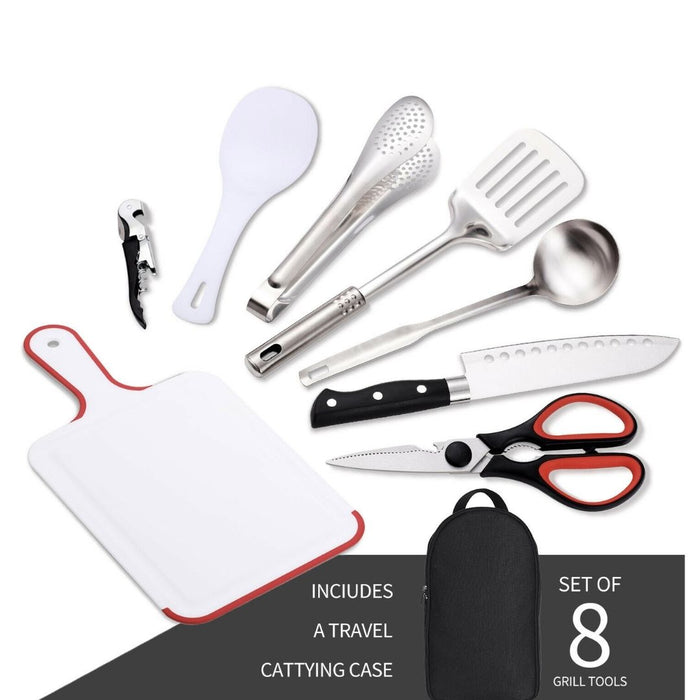Portable Outdoor BBQ, Camping, and Hiking Multi-Functional Set for Various Uses: black, silver portable grill utensil set wit