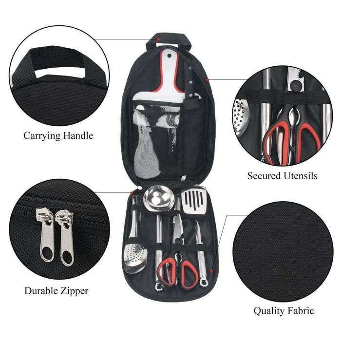 Portable Outdoor BBQ, Camping, and Hiking Multi-Functional Set for Various Uses: black, silver portable grill utensil set wit