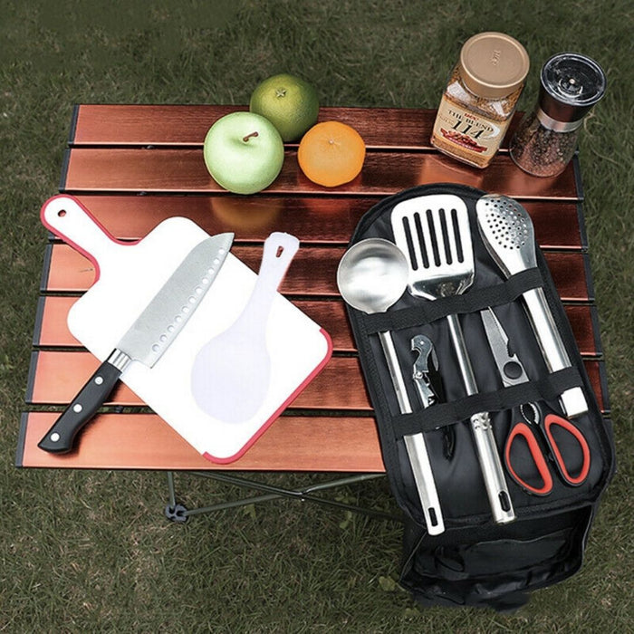 Portable Outdoor BBQ, Camping, and Hiking Multi-Functional Set for Various Uses: black, silver portable grill utensil set wit