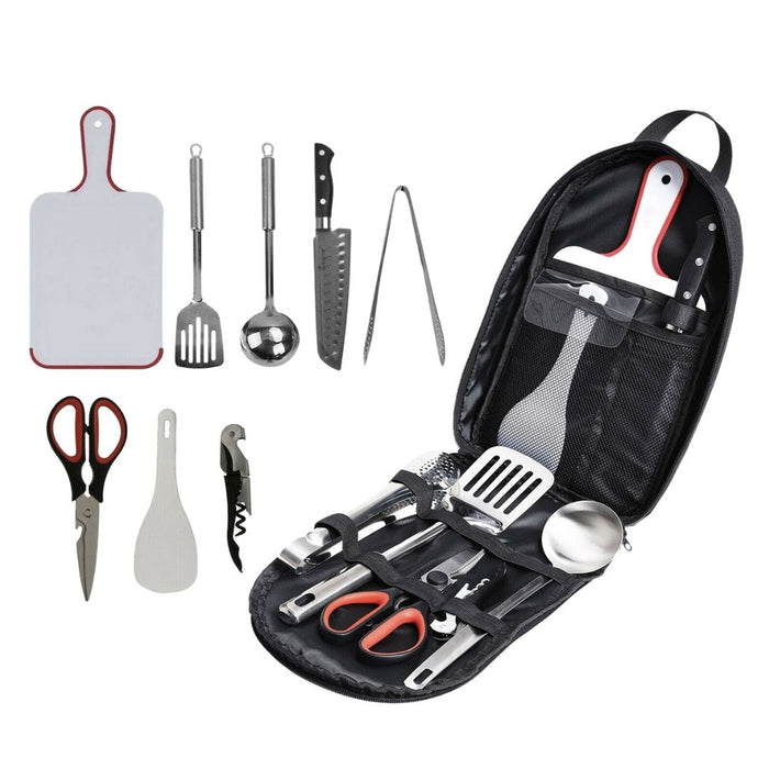 Portable Outdoor BBQ, Camping, and Hiking Multi-Functional Set for Various Uses: black, silver portable grill utensil set wit