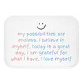Positive Reinforcement Bath Mat: white, pastel blue rectangular mat or cushion, minimal, cheerful style
