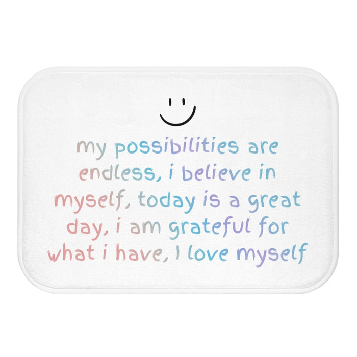 Positive Reinforcement Bath Mat: white, pastel blue rectangular mat or cushion, minimal, cheerful style