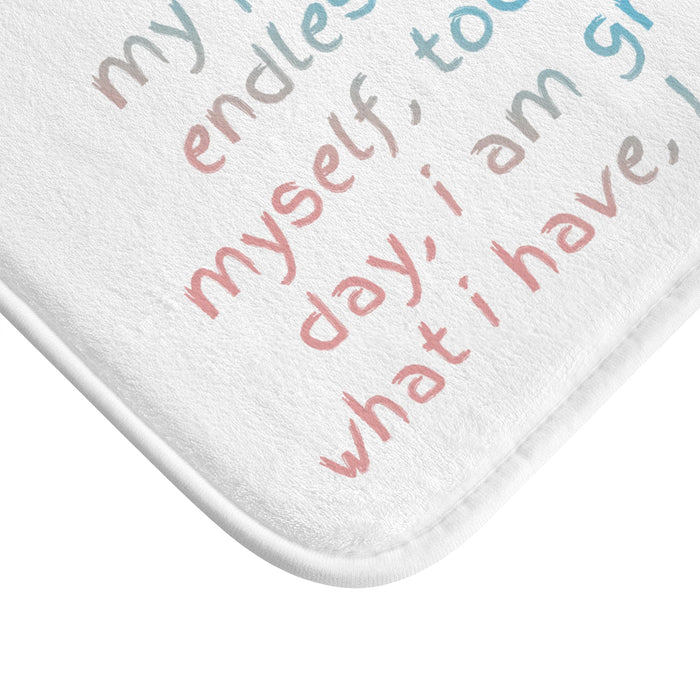 Positive Reinforcement Bath Mat: white, pastel blue rectangular mat or cushion, minimal, cheerful style