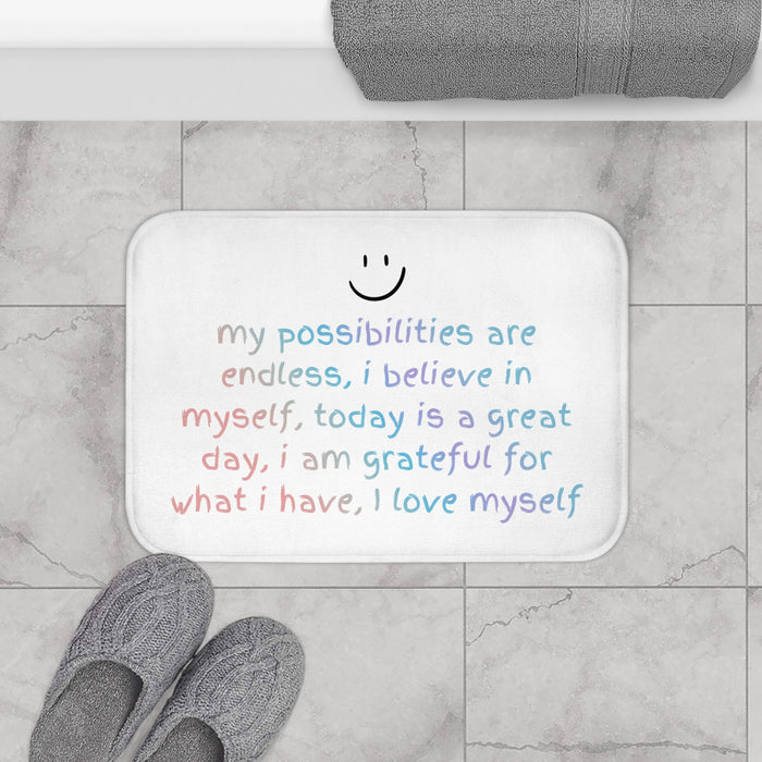 Positive Reinforcement Bath Mat: white, pastel blue rectangular mat or cushion, minimal, cheerful style