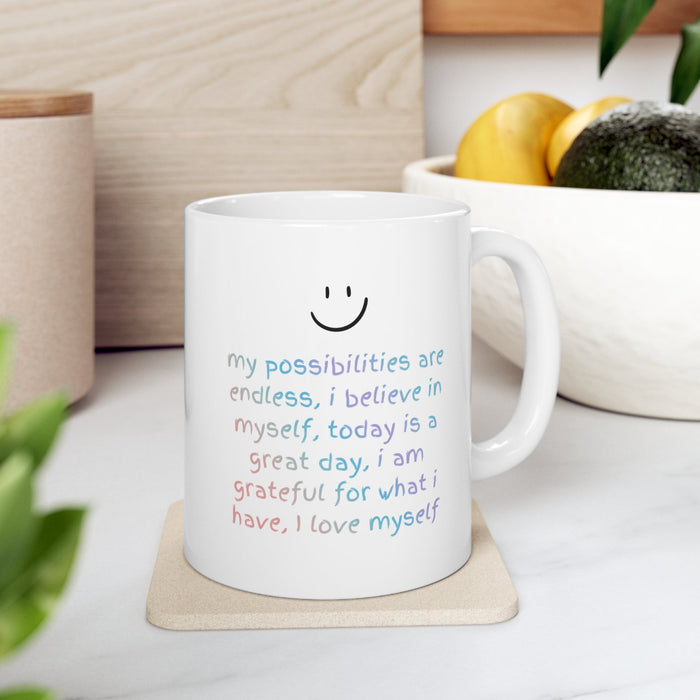 Positive Reminder Mug: Inspiring Affirmations for a Boost of Positivity: white, black mug, minimal, cheerful style