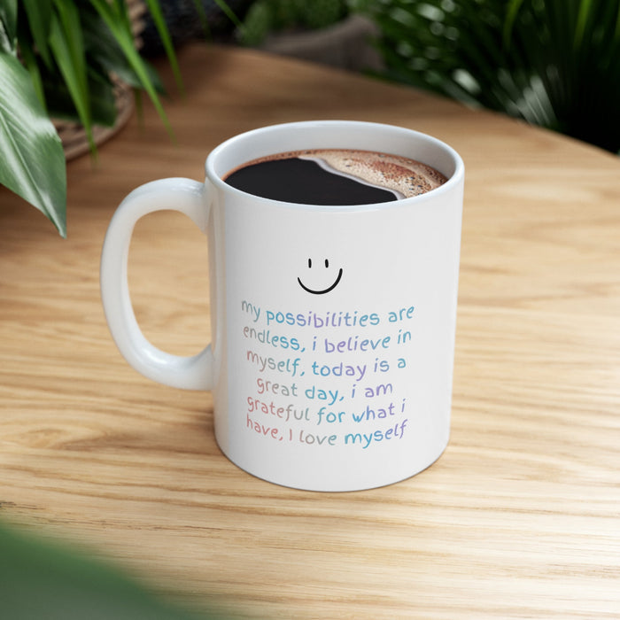 Positive Reminder Mug: Inspiring Affirmations for a Boost of Positivity: white, black mug, minimal, cheerful style