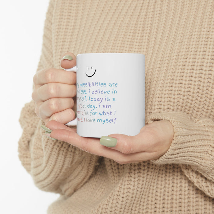 Positive Reminder Mug: Inspiring Affirmations for a Boost of Positivity: white, black mug, minimal, cheerful style