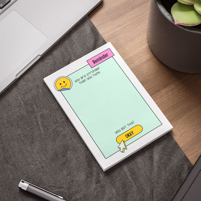 Post-it® Note Pads for Encouragement: white, mint green smiling yellow face character, cute cartoon motivational stationery g