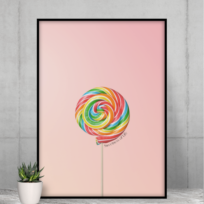 Poster Celebrating the Joy of Life's Lollipops: pink, black rainbow swirl lollipop, minimal colorful illustration style