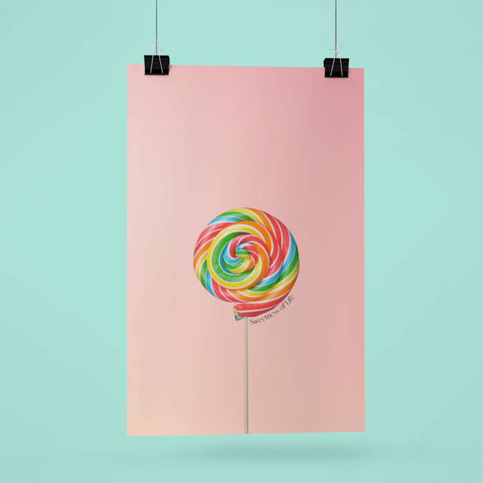 Poster Celebrating the Joy of Life's Lollipops: pink, black rainbow swirl lollipop, minimal colorful illustration style