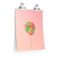 Poster Celebrating the Joy of Life's Lollipops: pink, black rainbow swirl lollipop, minimal colorful illustration style