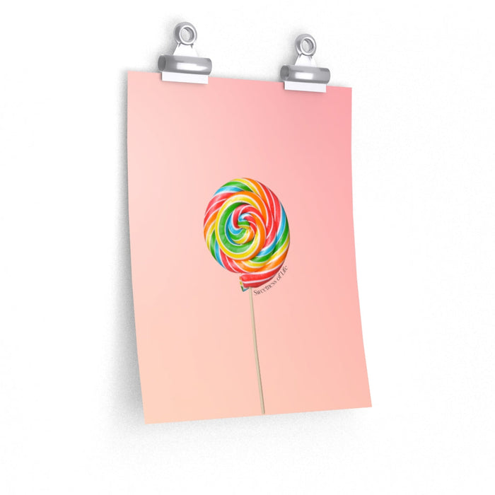 Poster Celebrating the Joy of Life's Lollipops: pink, black rainbow swirl lollipop, minimal colorful illustration style