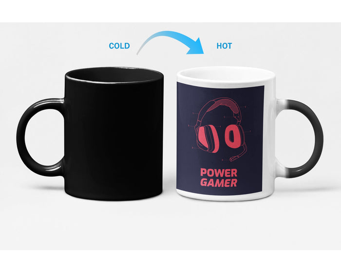 Power Player Thermochromic Mug: black, white gaming headset graphic, modern gaming graphic style