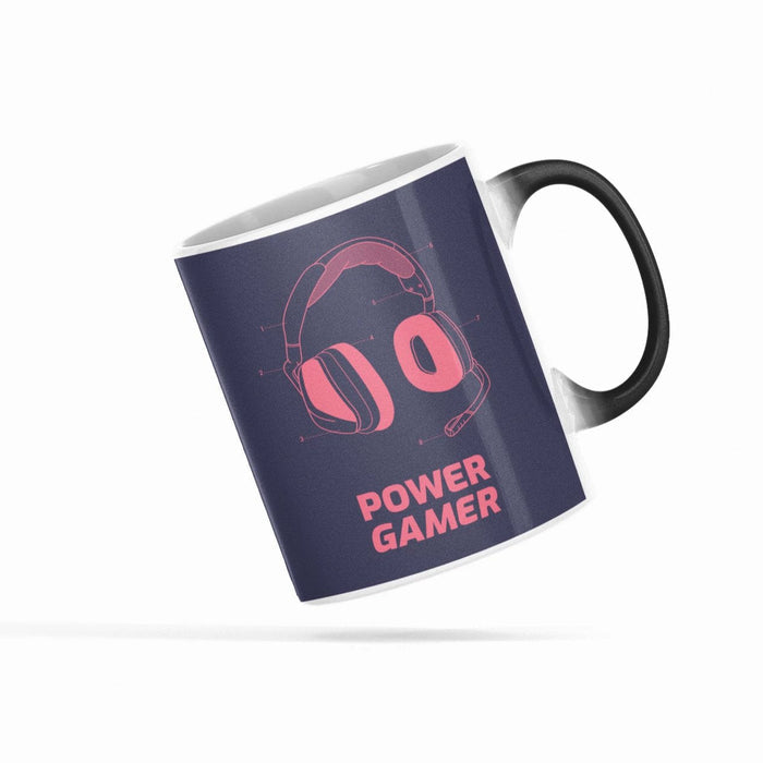 Power Player Thermochromic Mug: black, white gaming headset graphic, modern gaming graphic style