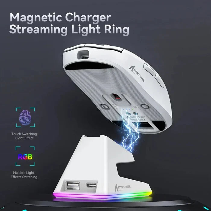 Powerful X6 Tri Mode Wireless RGB Bluetooth Mouse: white, black computer mouse with charging dock, modern gaming style