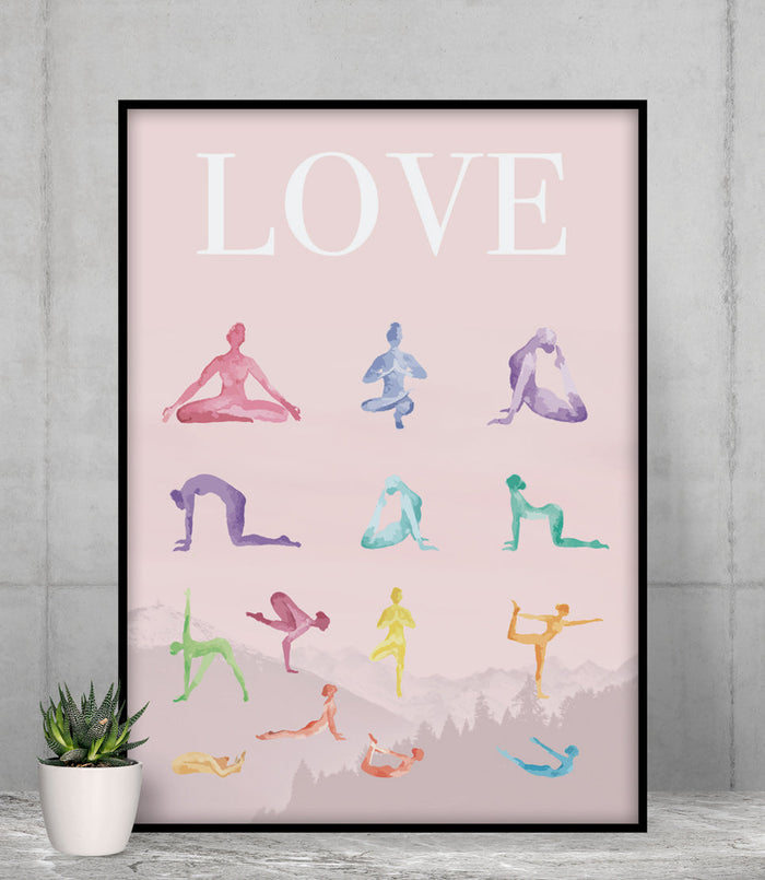 Premium Matte Poster Featuring 14 Yoga Poses for a Mindful Practice of Love: pale pink, black yoga poses with the word "LOVE"