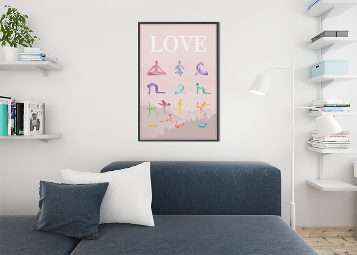 Premium Matte Poster Featuring 14 Yoga Poses for a Mindful Practice of Love: pale pink, black yoga poses with the word "LOVE"