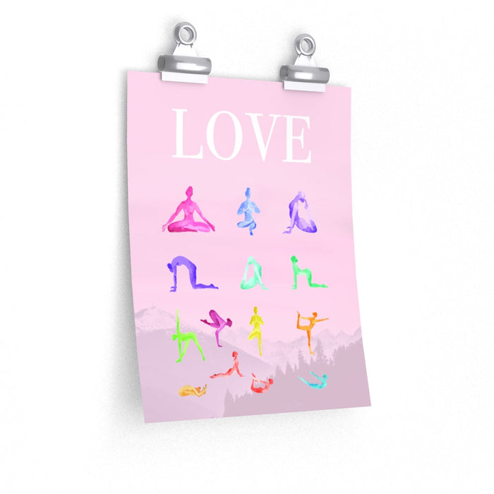 Premium Matte Poster Featuring 14 Yoga Poses for a Mindful Practice of Love: pale pink, black yoga poses with the word "LOVE"