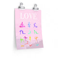 Premium Matte Poster Featuring 14 Yoga Poses for a Mindful Practice of Love: pale pink, black yoga poses with the word "LOVE"