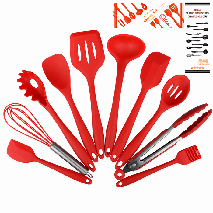 Premium Set of 10 Heat Resistant Non-Stick Silicone Cooking Utensils Red