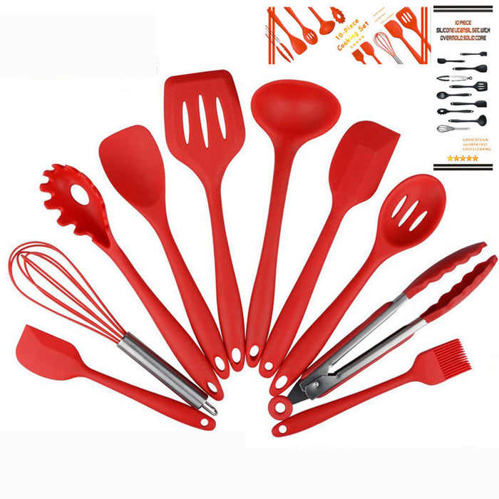 Premium Set of 10 Heat Resistant Non-Stick Silicone Cooking Utensils: red, silver kitchen utensil set, minimal modern style