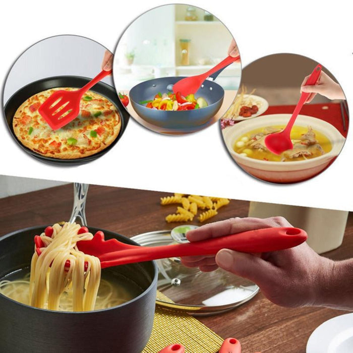 Premium Set of 10 Heat Resistant Non-Stick Silicone Cooking Utensils: red, silver kitchen utensil set, minimal modern style