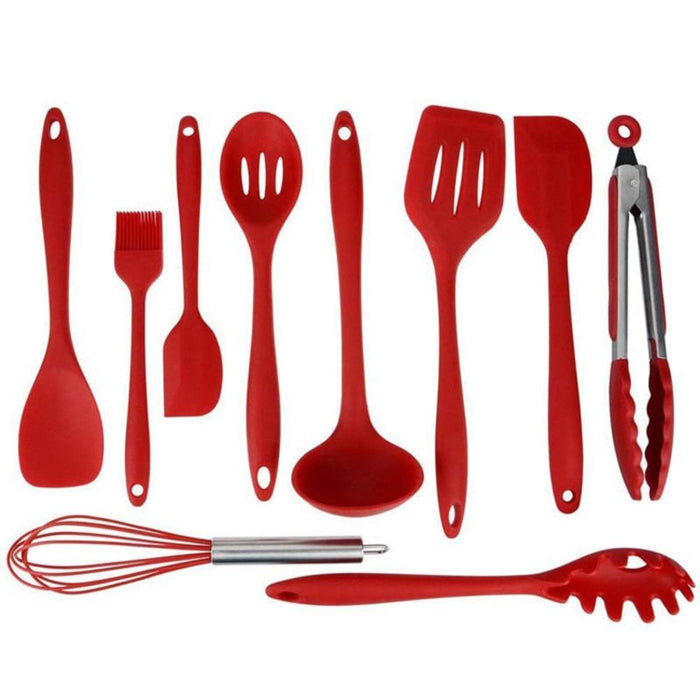 Premium Set of 10 Heat Resistant Non-Stick Silicone Cooking Utensils: red, silver kitchen utensil set, minimal modern style