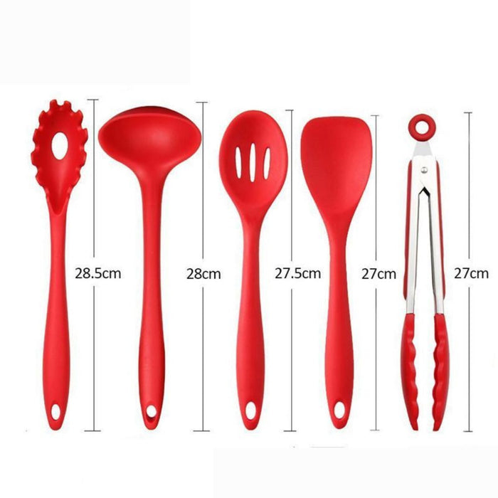 Premium Set of 10 Heat Resistant Non-Stick Silicone Cooking Utensils: red, silver kitchen utensil set, minimal modern style