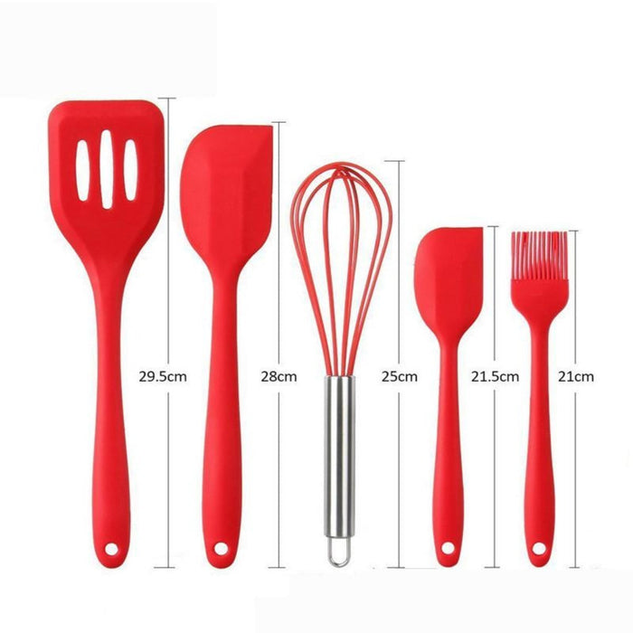 Premium Set of 10 Heat Resistant Non-Stick Silicone Cooking Utensils: red, silver kitchen utensil set, minimal modern style