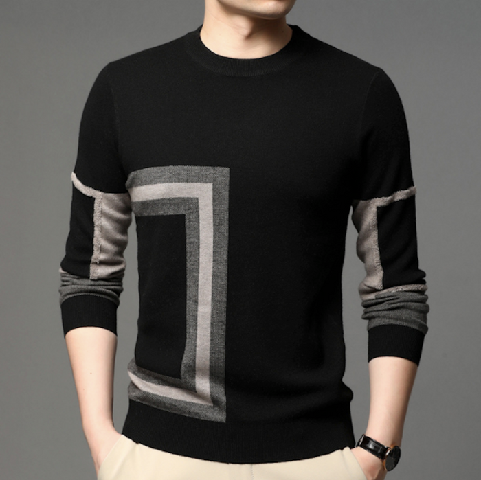 Printed Round Neck Men's Knit Sweater: black, gray long-sleeve crewneck sweater, minimal geometric style