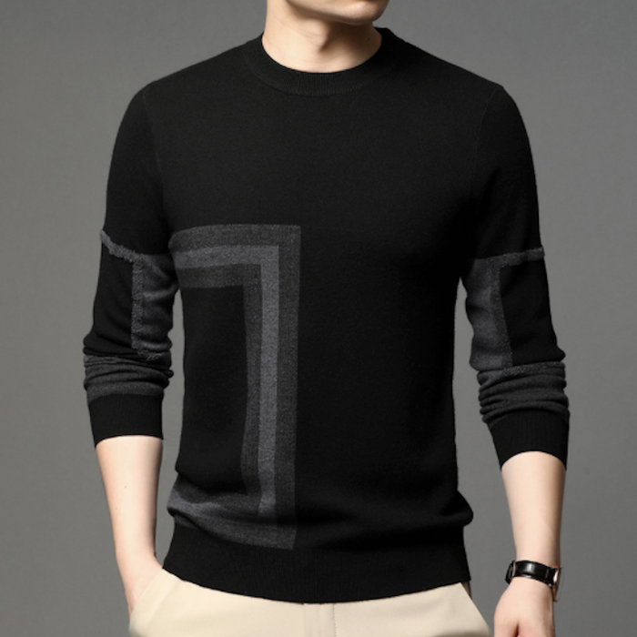 Printed Round Neck Men's Knit Sweater: black, gray long-sleeve crewneck sweater, minimal geometric style