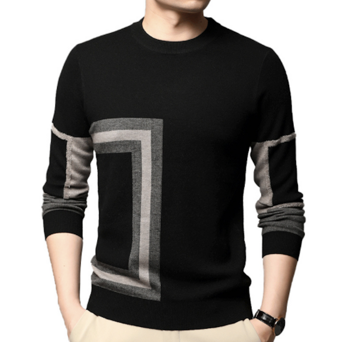 Printed Round Neck Men's Knit Sweater: black, gray long-sleeve crewneck sweater, minimal geometric style