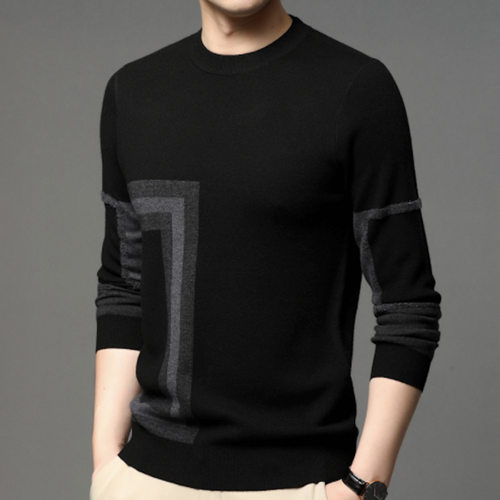 Printed Round Neck Men's Knit Sweater: black, gray long-sleeve crewneck sweater, minimal geometric style
